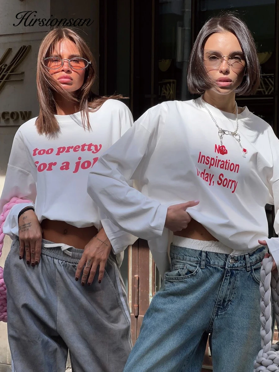 

Hirsionsan Letter Printed Long Sleeved T-shirt for Women Loose Fit Pure Cotton Round Neck Basic Top