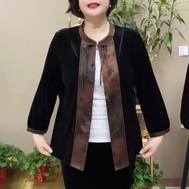 

Осень 2023, новый кардиган с воротником-стойкой и длинными рукавами на пуговицах, свободный элегантный золотой бархатный топ в стиле ретро для женщин