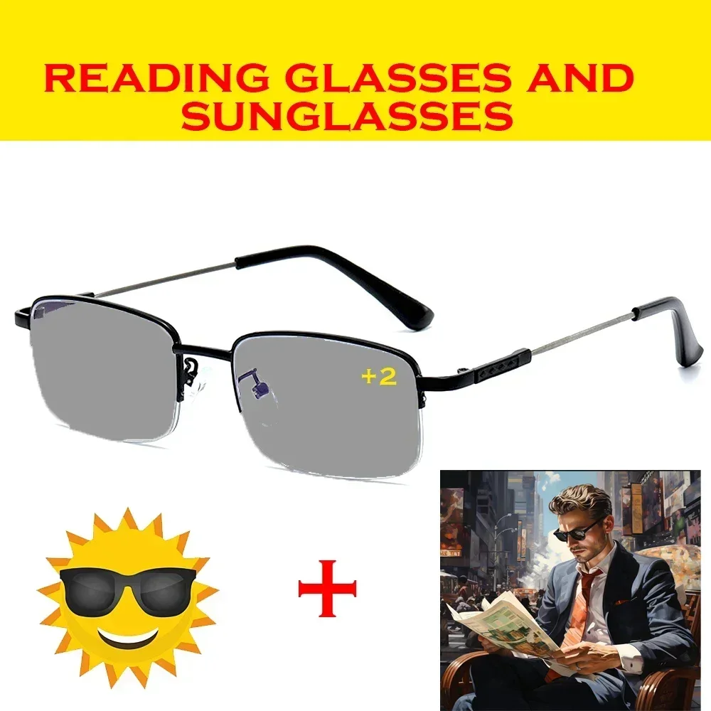 

TWO IN ONE Reading Glasses + Sunglasses Square Half Rim +1 +1.5 +2 +2.5 +3 +3.5 +4