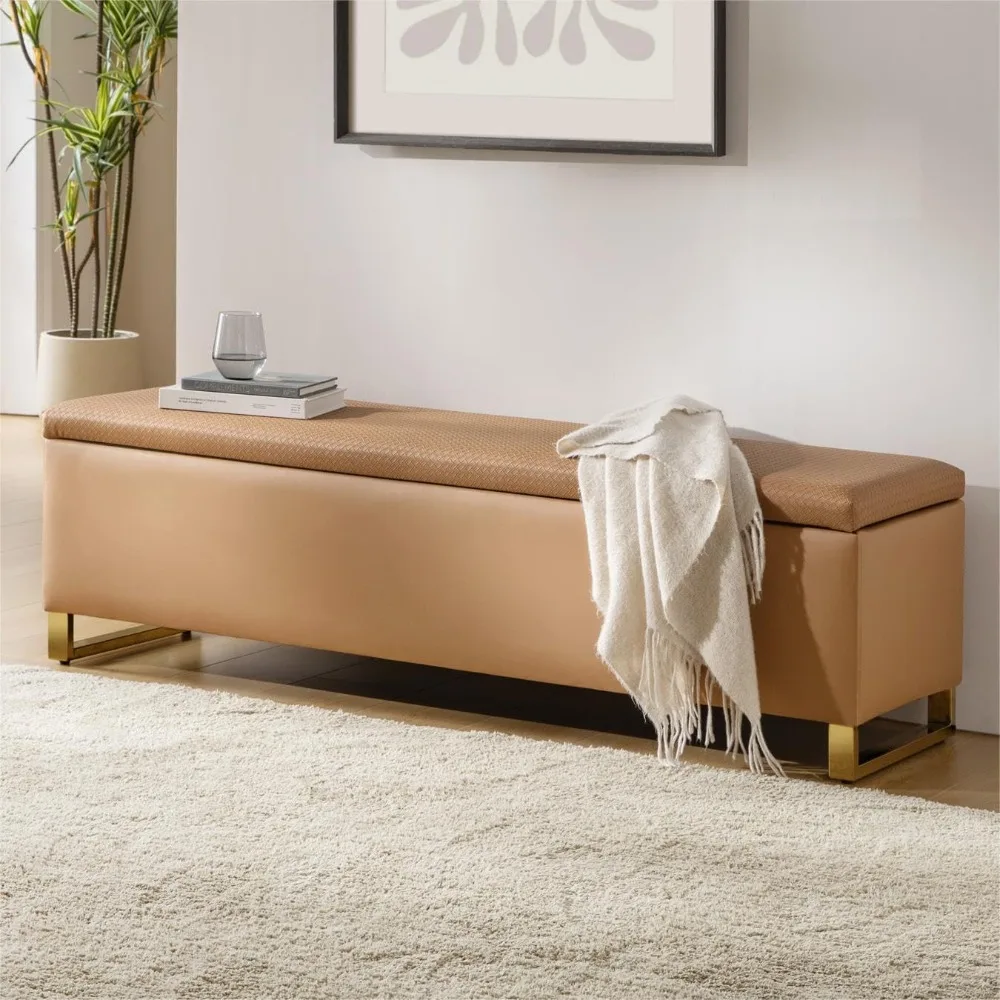 

EcoHarbor Storage Ottoman Bench with Throw Ottomans, Modern End of Bed Bench, Upholstered Footrest Stool with Gold Legs for Livi