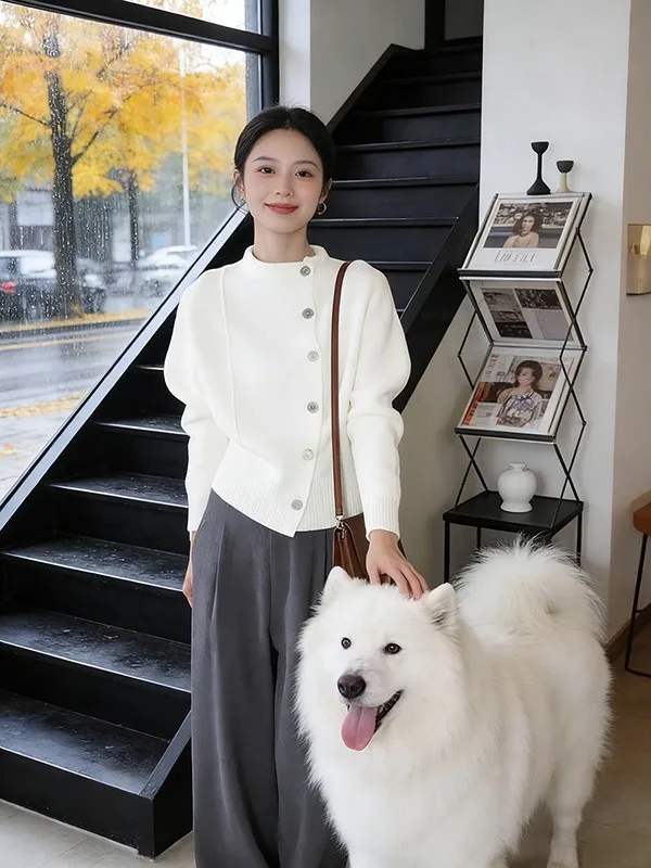 

Ele Simple White Knitted Sweater Women's Sle 2026 Spring Seasonal Faionable Commute Loose Fit Long Sve Knitwear