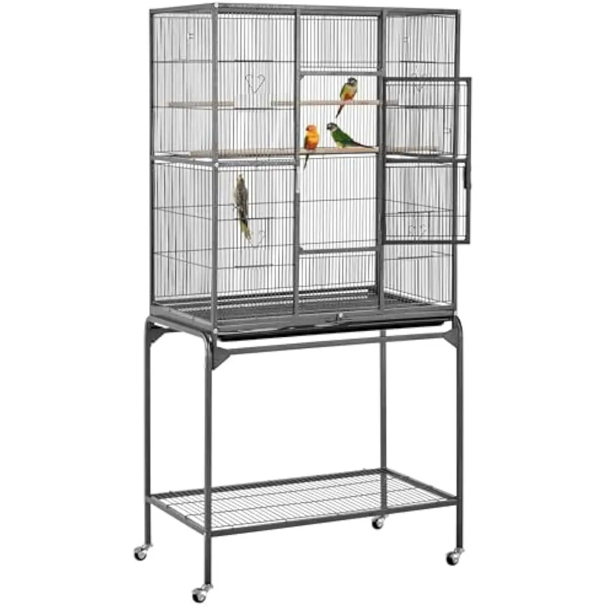 Spacious 63 inch wrought iron aviary cage with removable rolling stand 360 degree casters slide out tray and multi access doors