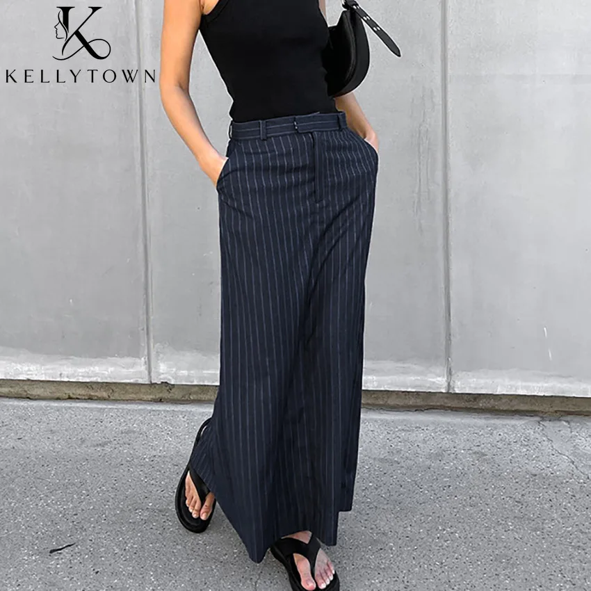 Striped Maxi Skirt Women High Waist Split Pockets Skirts Summer Clothes Woman 2026 Elegant Daily Office Spring Summer Long Skirt