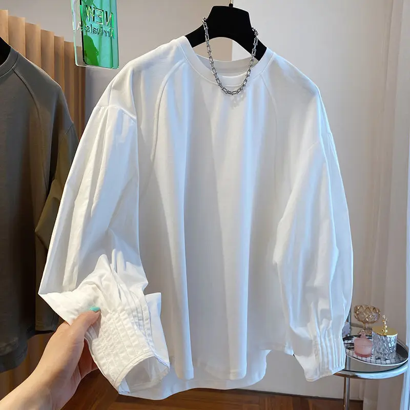 

Splicing Sweatershirt, Women's Spring And Autumn Long Sleeve Bottoming Shirt, Design Niche Loose White Lantern T-shirt Top Thin