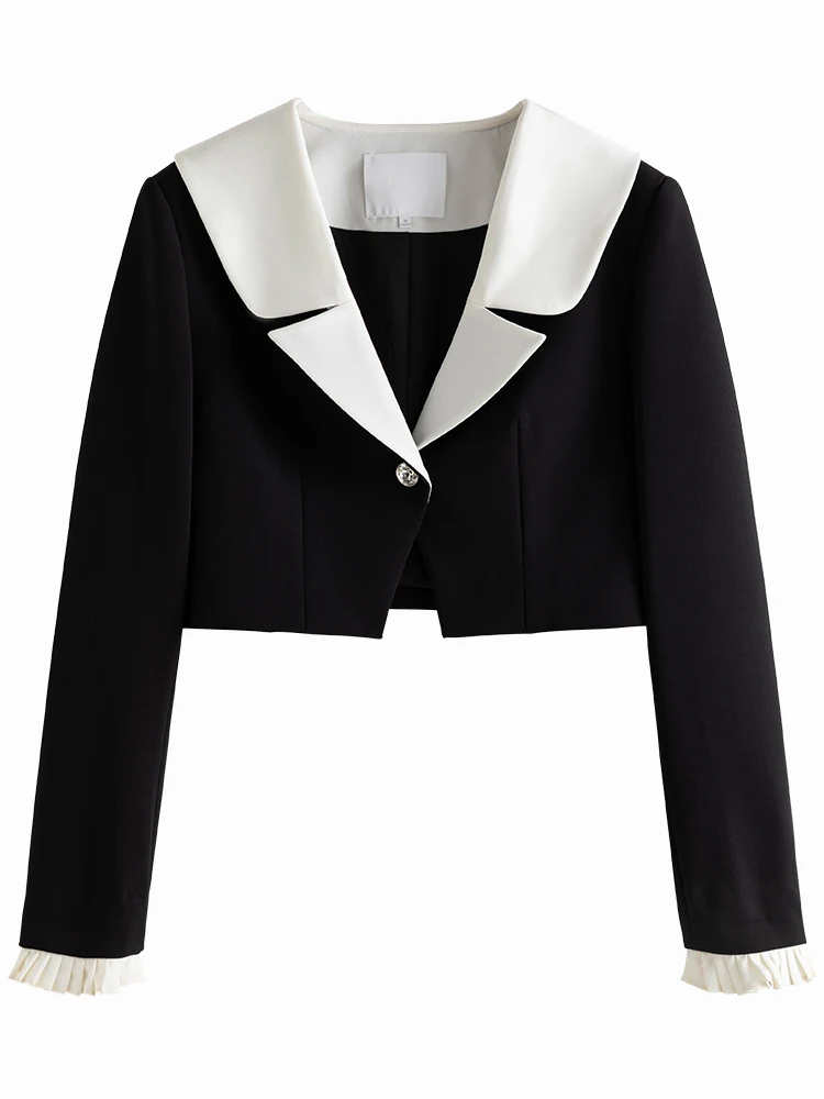 Imagem -05 - Fsle Lapela Gola Feminina Curto Blazer Jaquetas com Tiras Curto Vestido Preto Manguito Retalhos Design Sarja Sólido Terno Primavera Novos Conjuntos