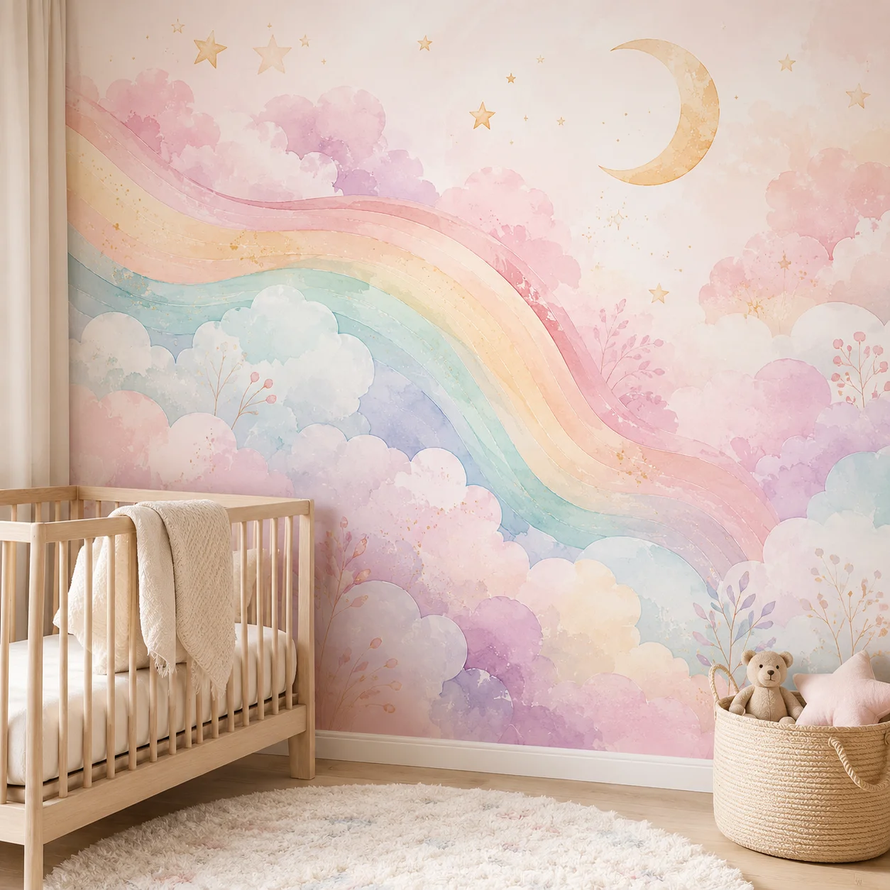 pastel-rainbow-clouds-wall-mural-wallpaper-moon-stars-watercolor-nursery-kids-baby-girl-room-non-self-adhesive