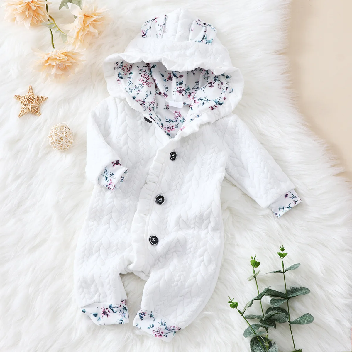 0-18 months Spring and Autumn New Newborn Baby Boys and Girls with Small Flower Ears Single breasted Long sleeved Cute jumpsuit