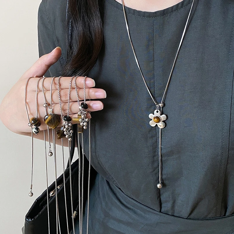 موضة عين النمر حجر قلادة الانسحاب قلادة للنساء سترة طويلة سلسلة ريترو مجوهرات اكسسوارات #1