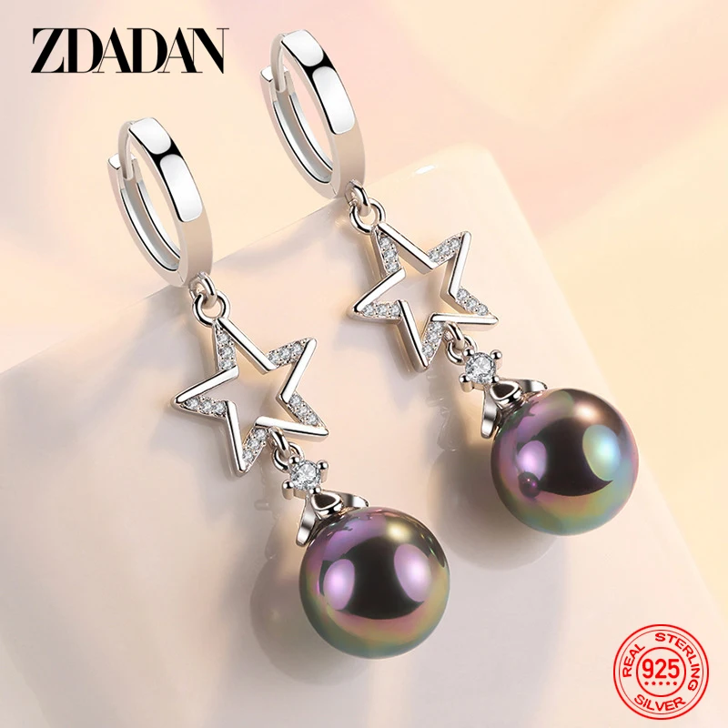 

ZDADAN 925 Sterling Silver Black Pearl Long Dangle Earring For Women Fashion Wedding Jewelry Gift