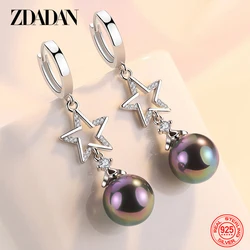 ZDADAN 925 Sterling Silver Black Pearl Long Dangle Earring For Women Fashion Wedding Jewelry Gift