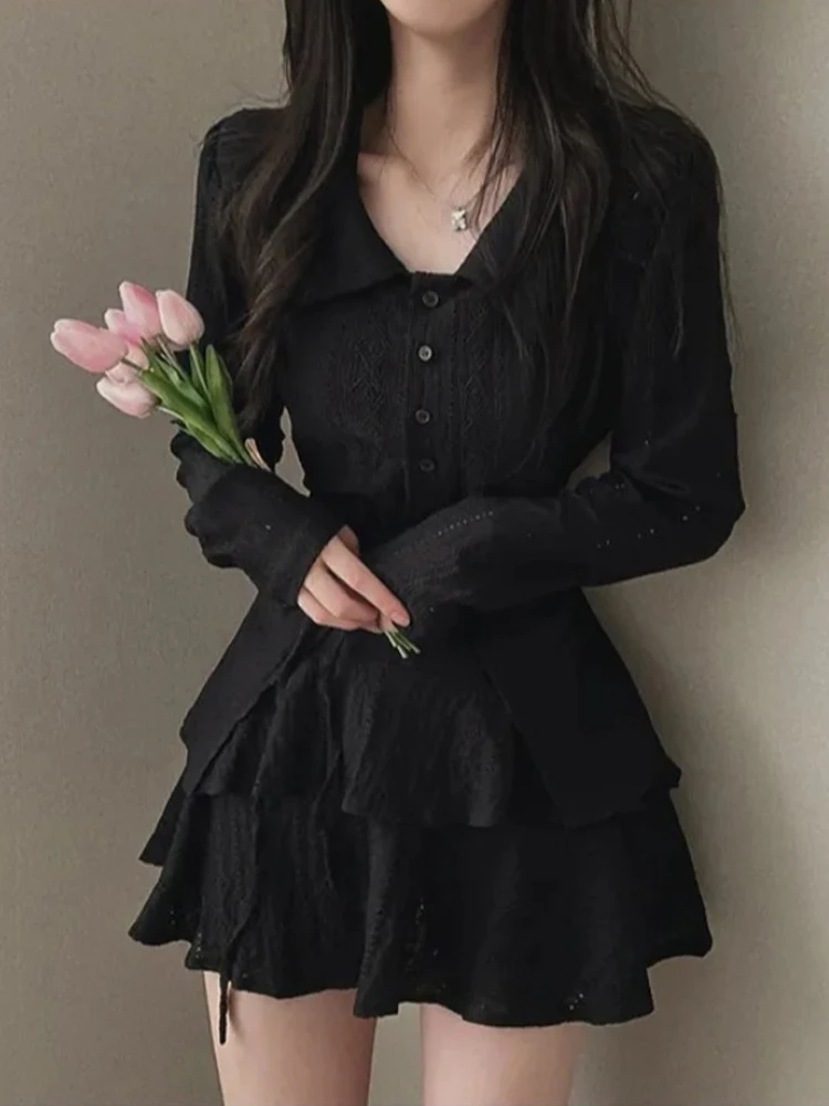 Faionable conjunto de duas peças feminino high-end sensação irt + saia bolo conjunto longo sve botão-up coleção primavera