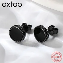 OXTAO Nordic Viking Rune Personalized 8mm Natural Black Agate Ear Stud 925 Sterling Silver Men Women Hiphop Earrings FashionGift