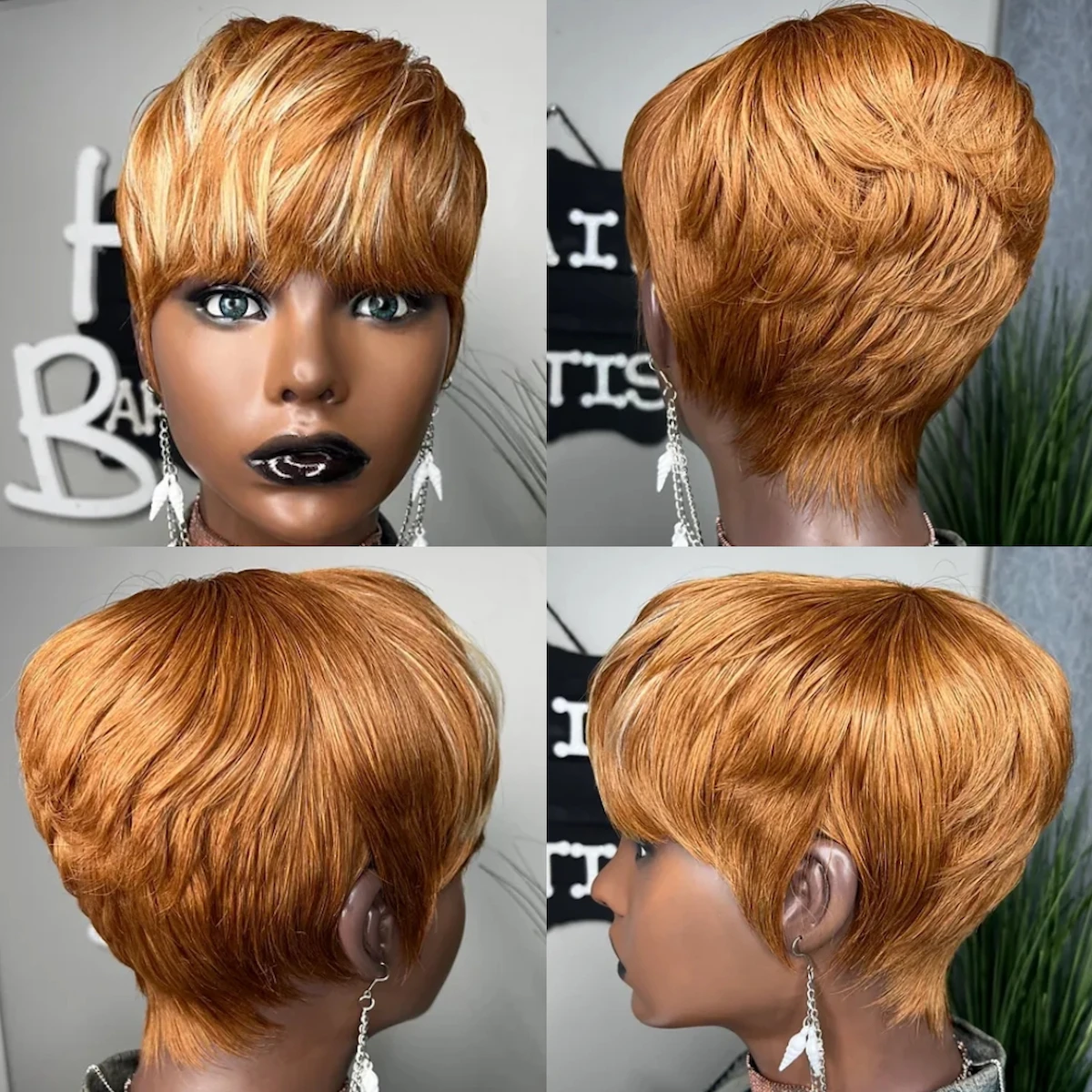 Ombre Honey Blonde Straight Short Highlight Synthetic Pixie Cut Hairs Bob Wig With Bangs Hairs Wigs For Women