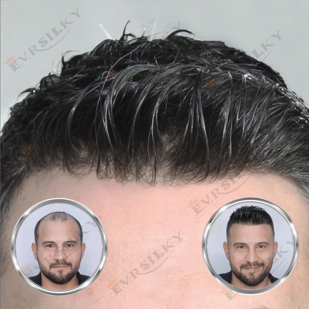 خط الشعر الطبيعي 1b40 1B80 رمادي فائق المتانة رقيقة نظام الشعر الذكور الشعرية الاصطناعية شعر الإنسان Microskin كامل Pu Brown MenToupee
