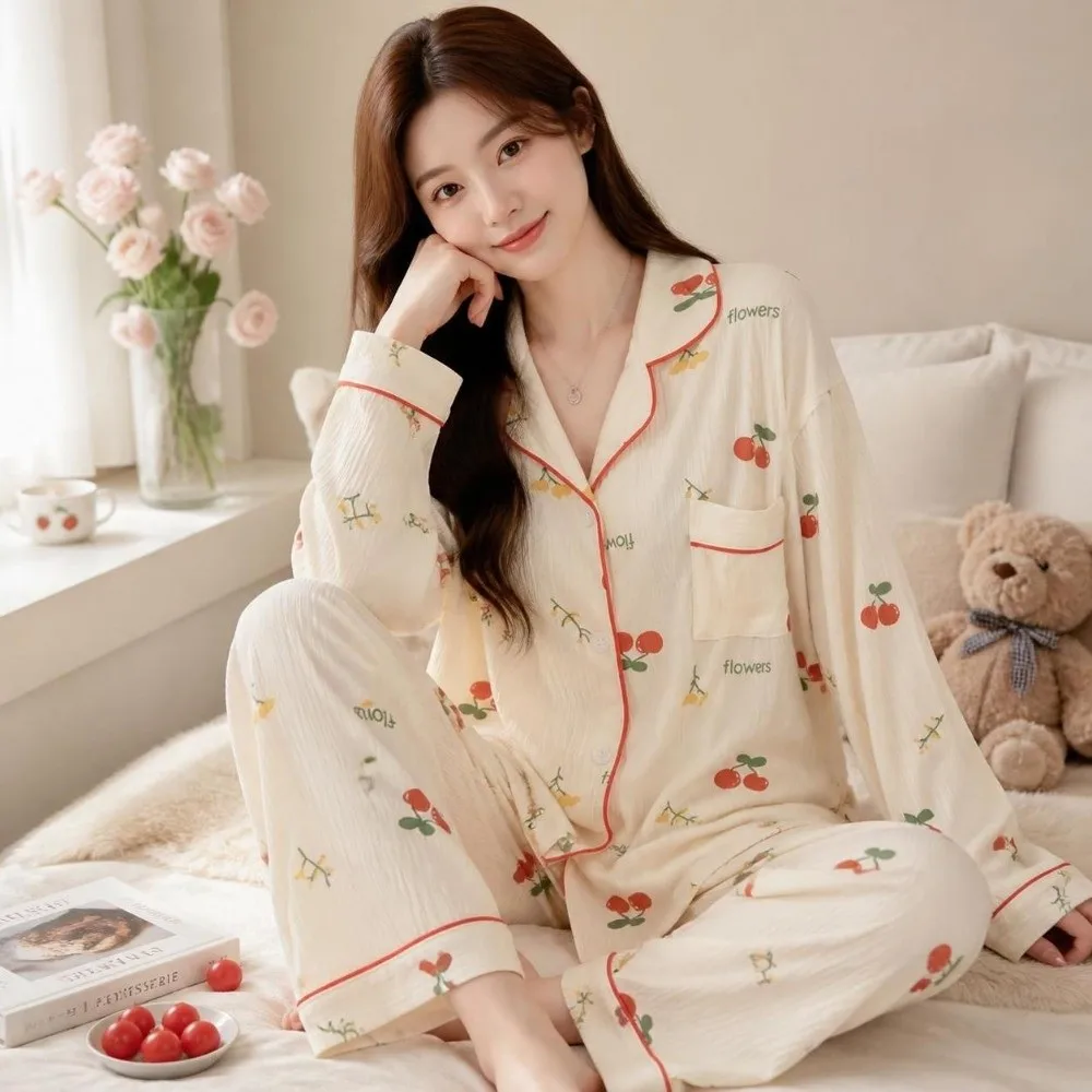 Sweet Leopard Long Pajama Set Bear Floral Women's Loungewear Cherry Print Homewear Lady Nightwear Suit Women
