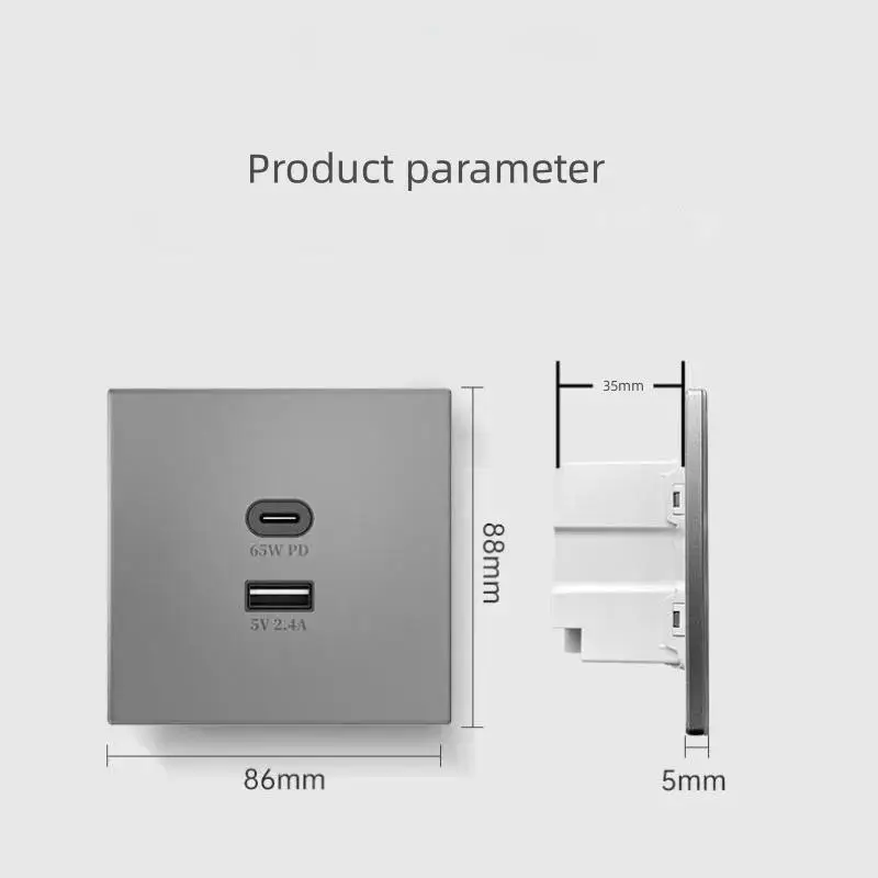 Universal 65W Super Quick Charge USB Port Glass Plastic Power Wall Socket, Type C Quick Charge Adapter USB Socket