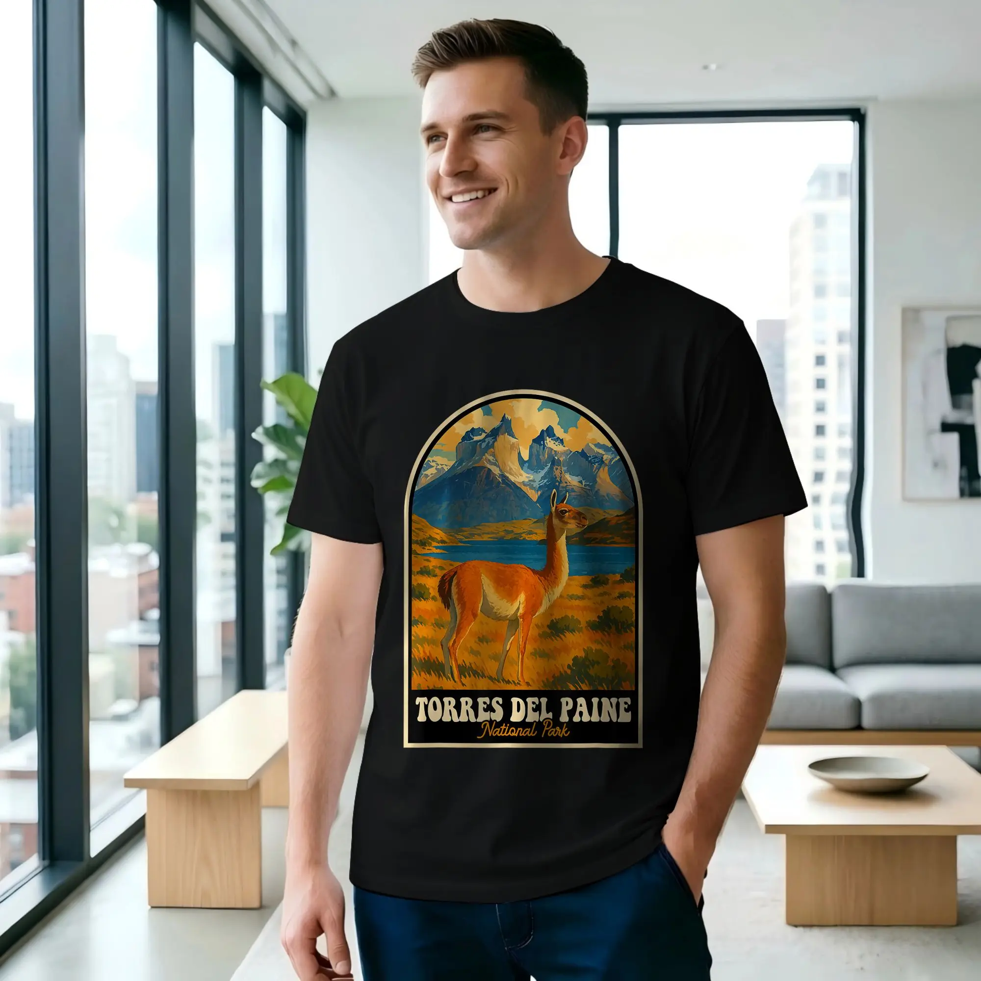 Torres del Paine National Park Guanaco Art - Camiseta informal para hombre, camisetas informales de manga corta con cuello redondo de algodón, recién llegado