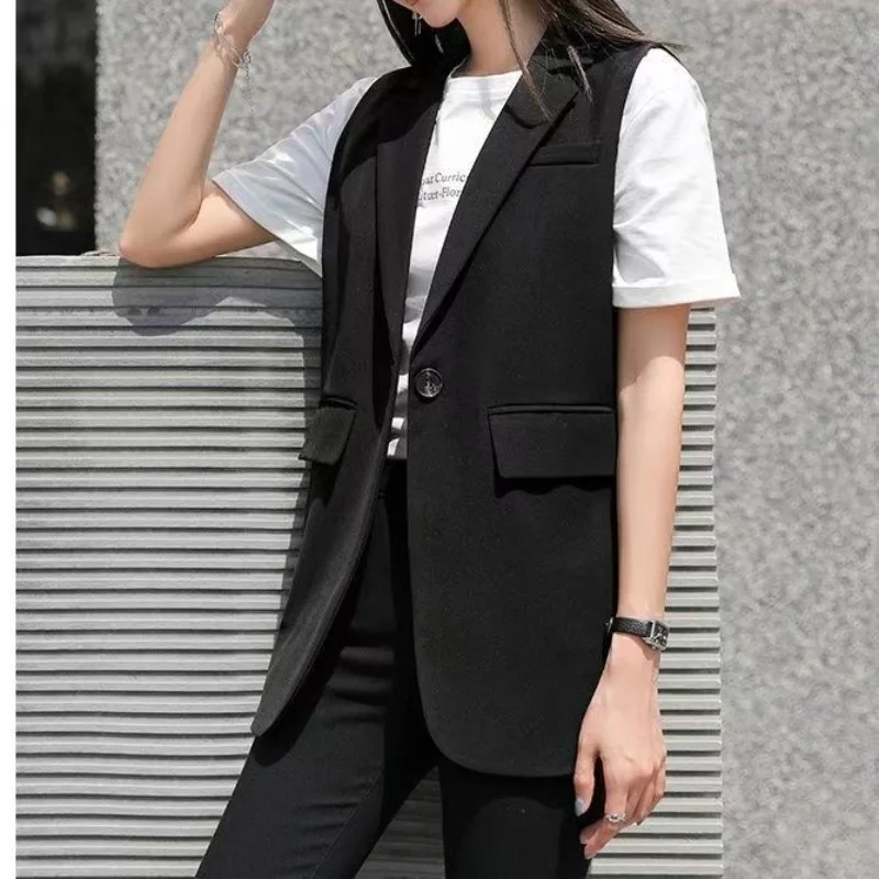 Women's Short Black Coat College Suit Vest Outerwear Design Spring Autumn New Trendy Street Style Suit Sleeveless Jackets