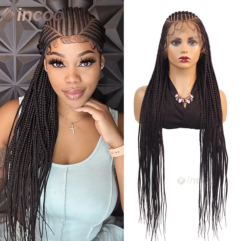 Synthetic Full Lace Wigs 36Inch Cornrow Box Braided Wigs for Black Women Knotless Box Braids Wig Baby Hair Handmade Braiding Wig