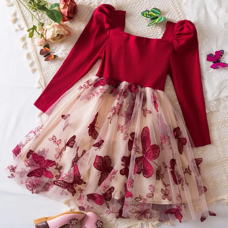 Autumn and Winter Girls' New Butterfly Embroidered Mesh Long Sleeve Princess Dress Christmas Birthday Party Red Dress