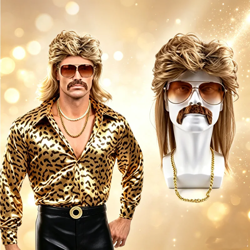 Juego de 4 Piezas para Decoración de Disfraces de Halloween y Fiestas, Accesorios de Disfraces de Poliéster Retro de los 80, Peluca Mullet, Bigote, Gafas y Cadena Dorada