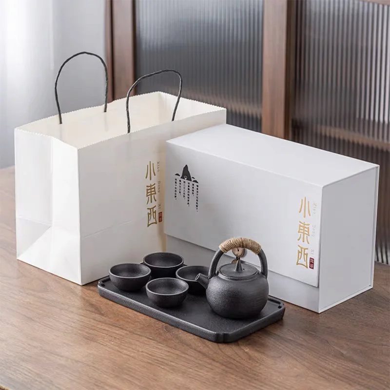 Japanese Retro Style Porcelain Kung Fu Tea Set Loop-Handled Teapot with Gift Box Ceramic Coffee Utensil