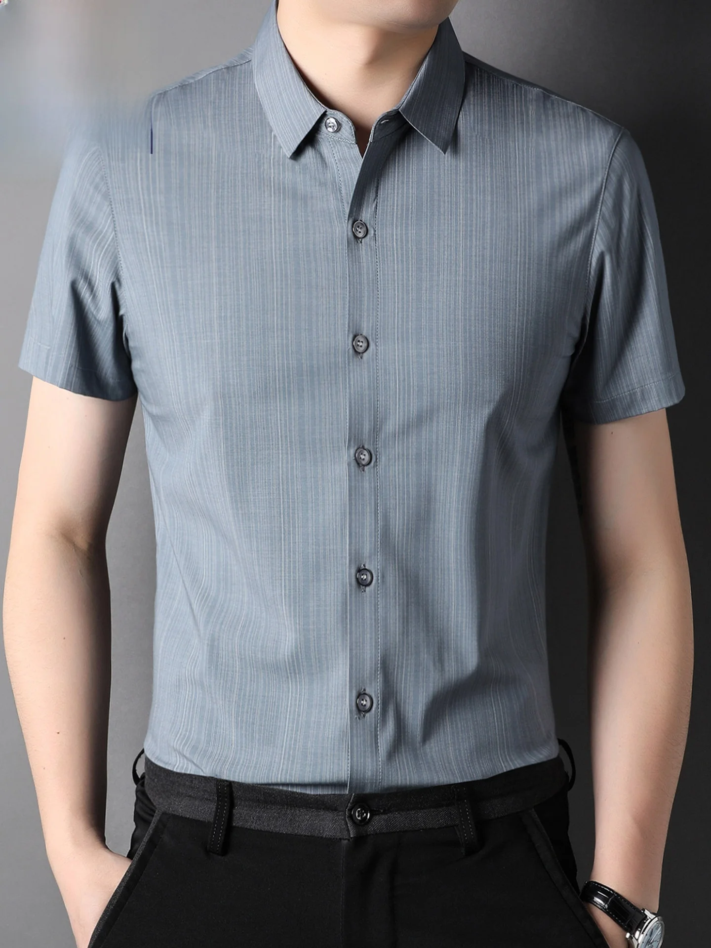 

Ледяной шелк ort Sve irt Мужской летний повседневный топ с отложным воротником в вертикальную полоску f Sve irt Тонкий повседневный топ Busin