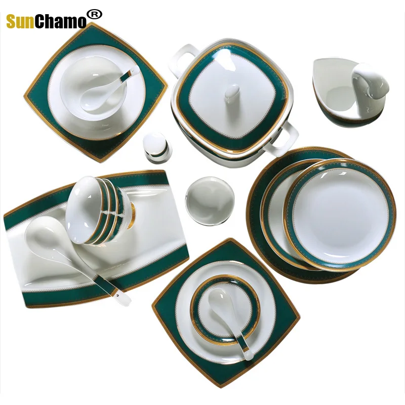 European Style Bone China Tableware Emerald Ceramic Bowls Plates Green Porcelain Dinnerware Set Wedding Gift