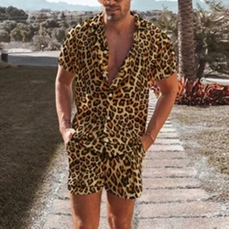 Summer Men's Fashion Leopard Print Sets Elegant Social Shirt + Shorts Two Piece Set Luxury Men Outerwear Suit