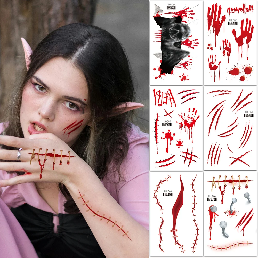 6PCS Halloween Tattoo Stickers Scary Blood Bloody Handprints Staple Design Fake Tattoo For Halloween Party &Holiday Decorations