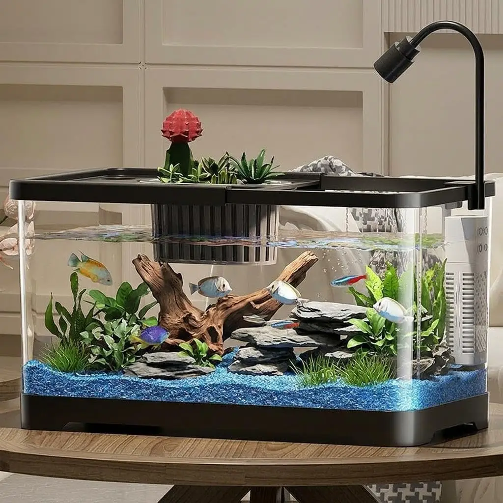 Desktop Aquarium Starter Kit, Small Fish Tank with USB Filter, LED Light, Aquatic Plants, Sand & Decor Set, 360° Clear View, Low-Noise Pump for Betta Fish, Home & Office