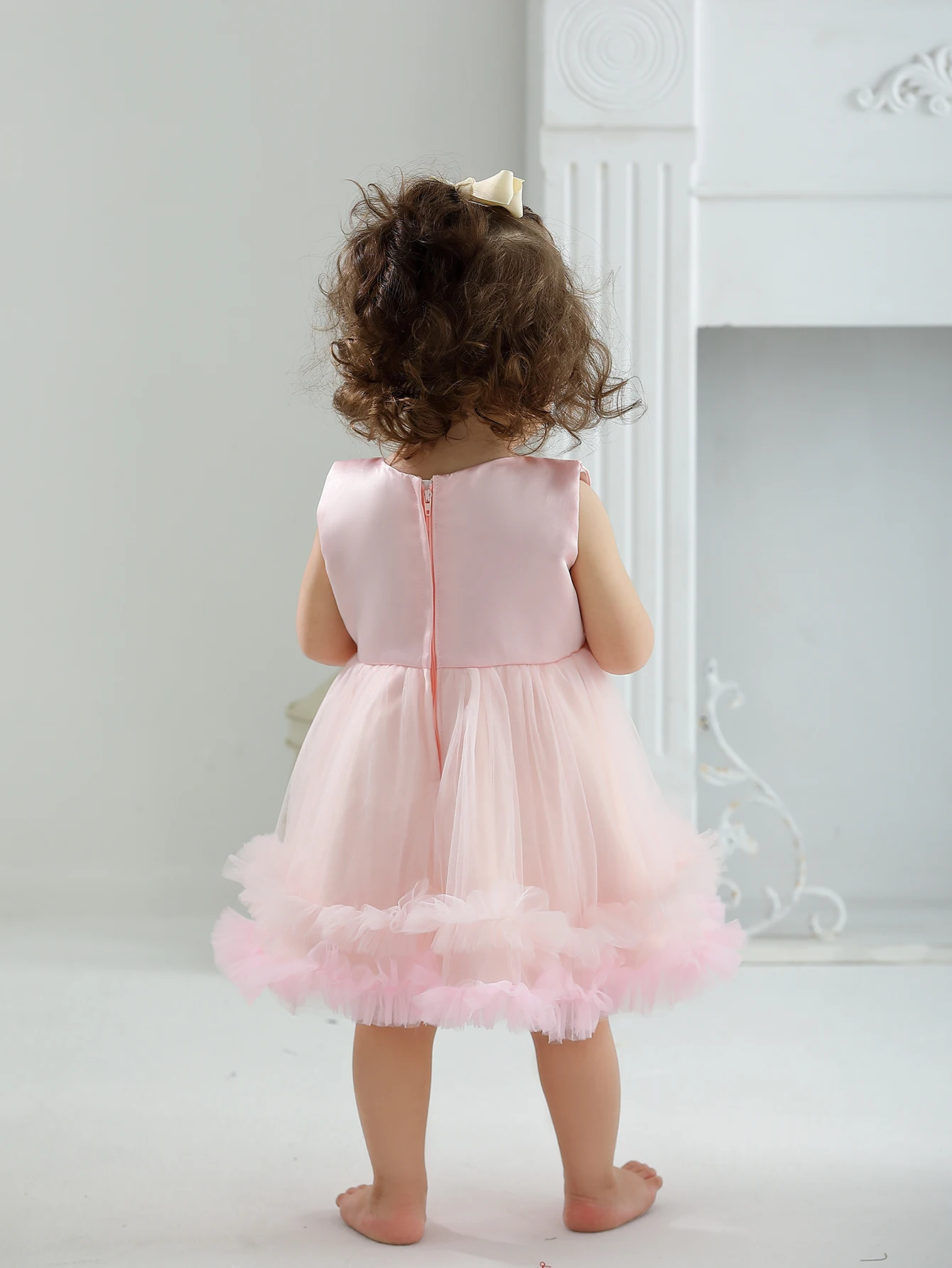 Baby Girl Christening Gown Fluffy Tutu Dress Baptism 1st Birthday Dress Pink Satin Toddler Dress