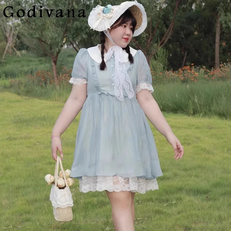 

Large Size Lace Short Sleeve Blue Fairy Knee Length Dress Sweet Girl High Waist Cute Peter Pan Collar A-line Princess Dresses