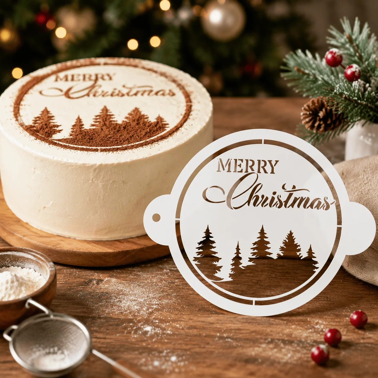 Merry Christmas Pine Tree Cake Top Stencil Round Template Powder Dusting Decor Tool for Christmas Cake Cookie Fondant Baking