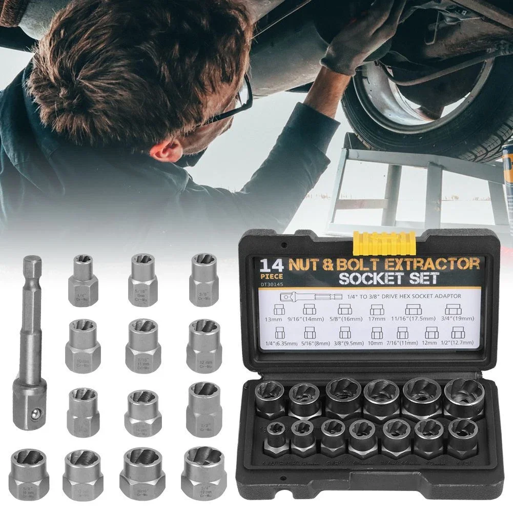 

14pc 3/8 Inch Socket Set Damaged Impact Socket Tool Set Socket Set Nut And Bolt Extractor Impact Bolt & Nut Remover with Case
