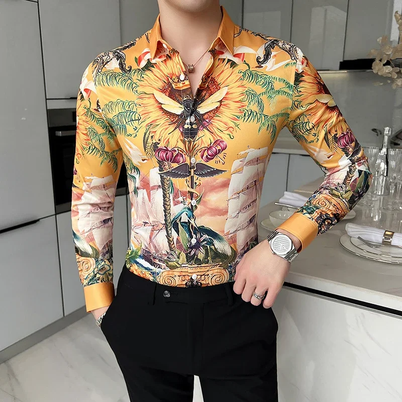 

Camisa Masculina Luxo Print Button Up Long Sleeved Mens Vintage Shirts Spring Fashion Printed Design Slim Fit Social Blouses Men