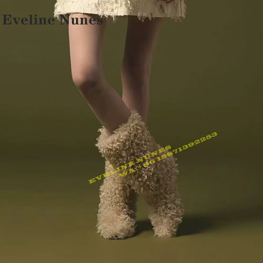 2024 Winter Furry Warm Mid-Calf Boots Pointed Toe Round Heels Pull On Casual Street Style Women Snow Boots Plus Size New Style