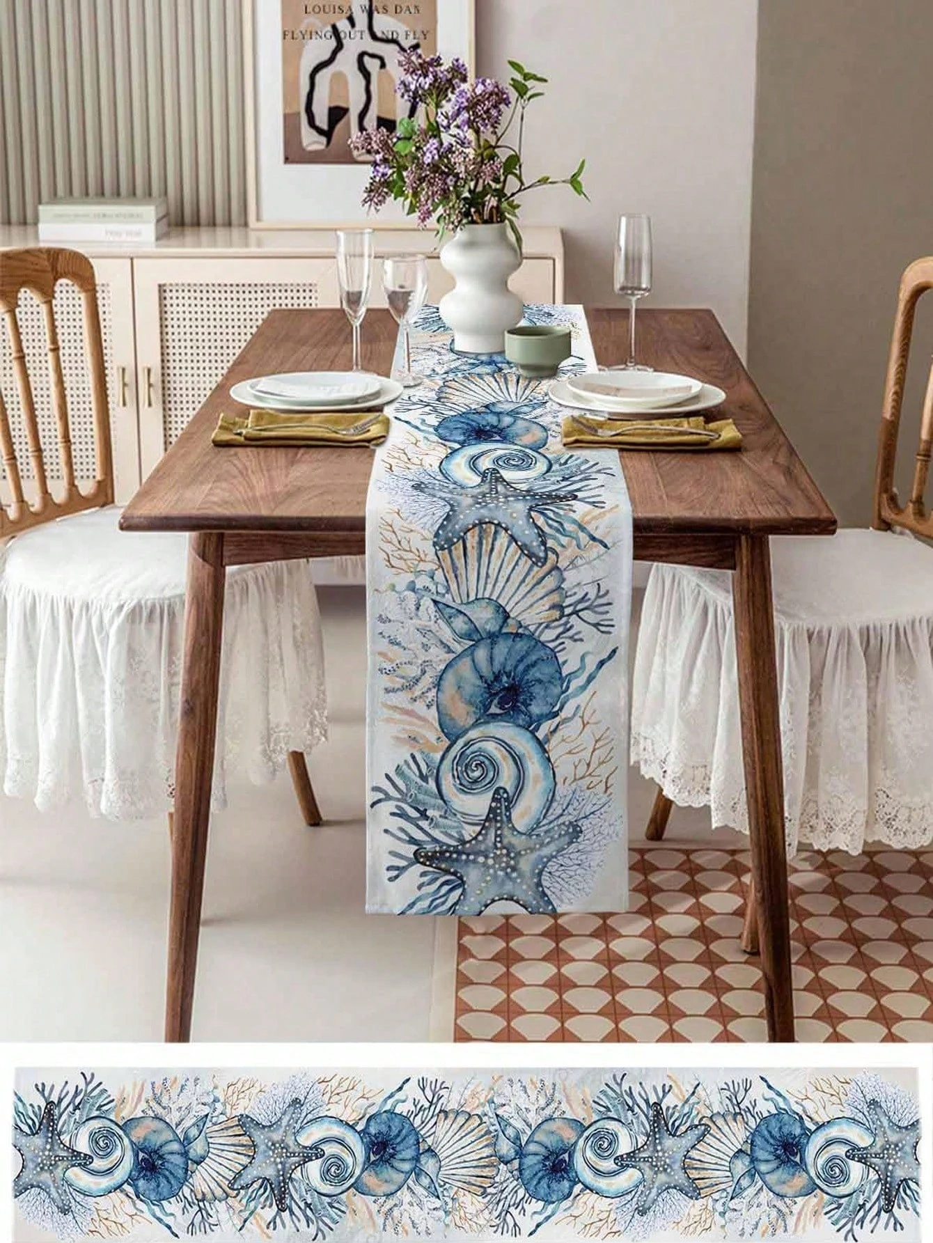 1pc Coastal Seashell Table Runner - Linen 2D Printed Decor for Dining Table, Kitchen, Beach Themed Party & Housewarming Gift