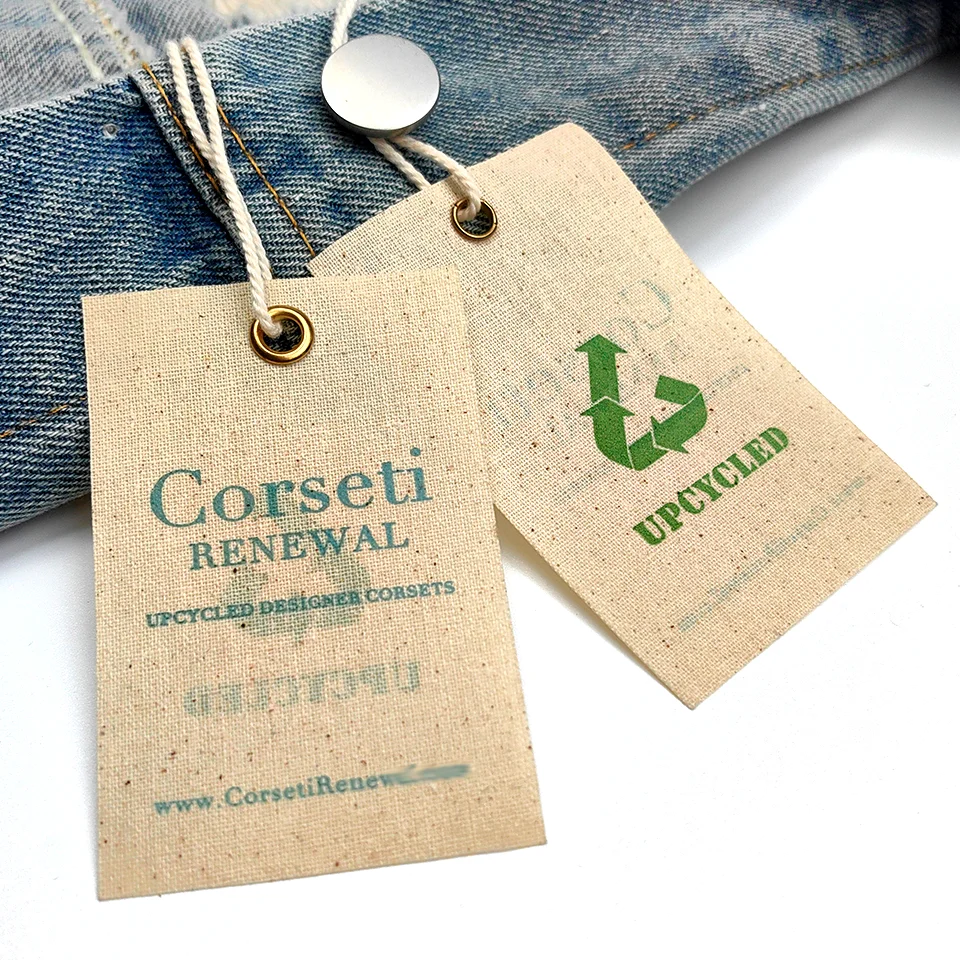 Recyclable Custom LOGO Fabric Hang Tag for Clothing Canvas Cloth Swing Tags with High Quality Cotton Rope String