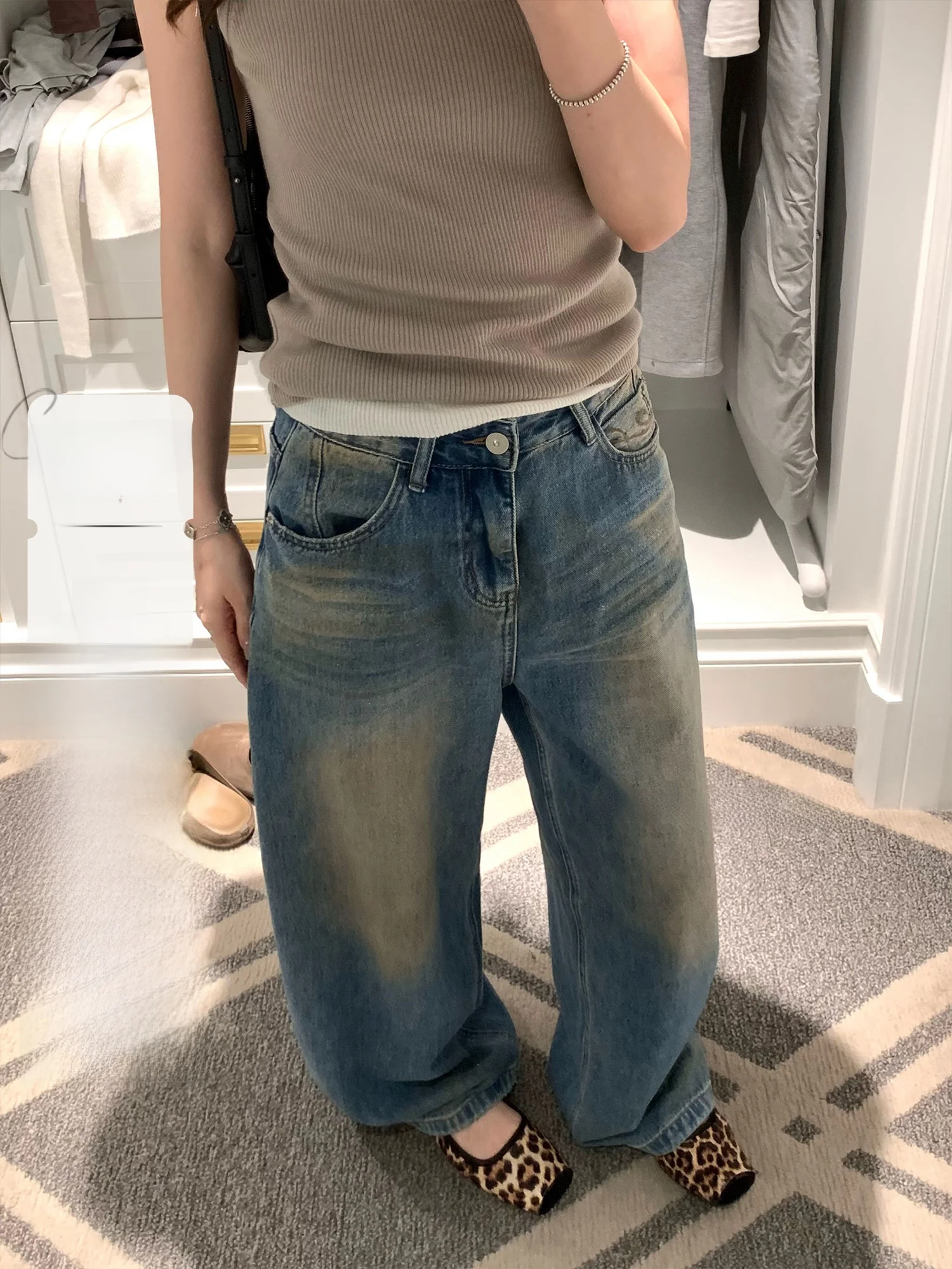 

Женские джинсы с высокой талией, широкими штанинами и прямым кроем, в стиле ретро, из выстиранного денима, весна 2026, повседневные, хлопковые, цветные