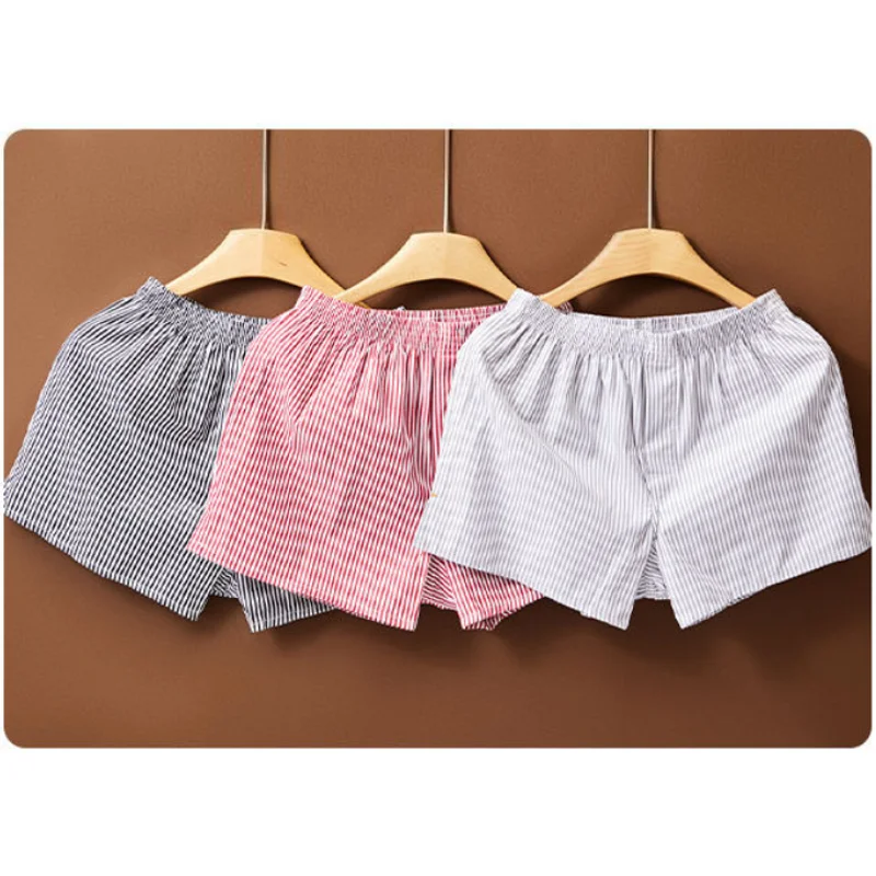 Summer Men 100% Cotton Sleep Shorts Striped Boxer Shorts Men Loose Casual Home Sleep Pants Plus Size Soft Breathable Underwear