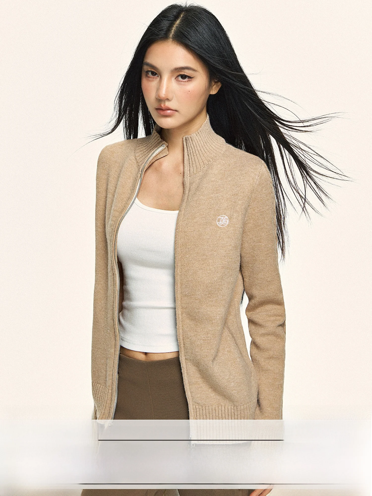 

0PASSION Double Zipper Stand Collar Knitted Cardigan Women's Spring Outerwear Slimming Slim Fit Sweater Jaet Casual Sle