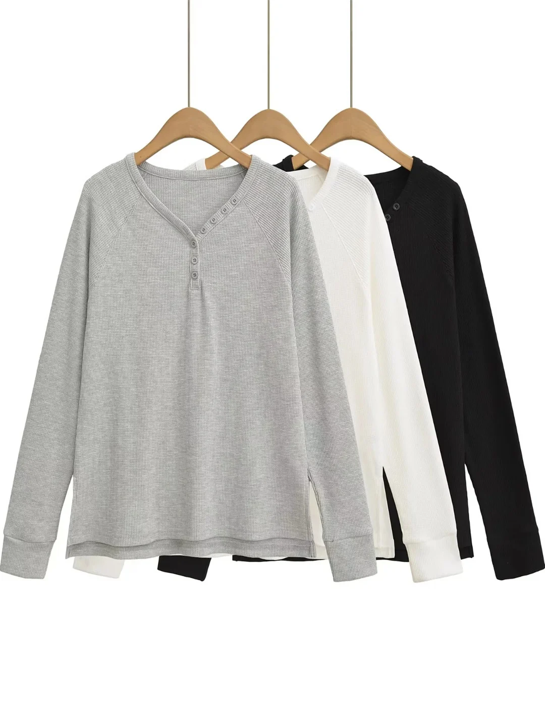 

American Sle Loose Long Sve T-irt Women's Side Slit Wfle Pattern Top Slimming Effect Casual Faion Autumn Wear