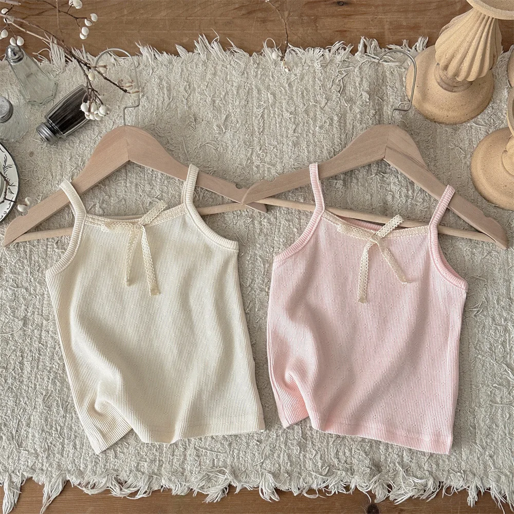 2026 Summer New Baby Girl Sleeveless Sling Vest Cute Infant Bow Lace Tops Girls Simple Hollow Out Solid Vest Toddler Clothes