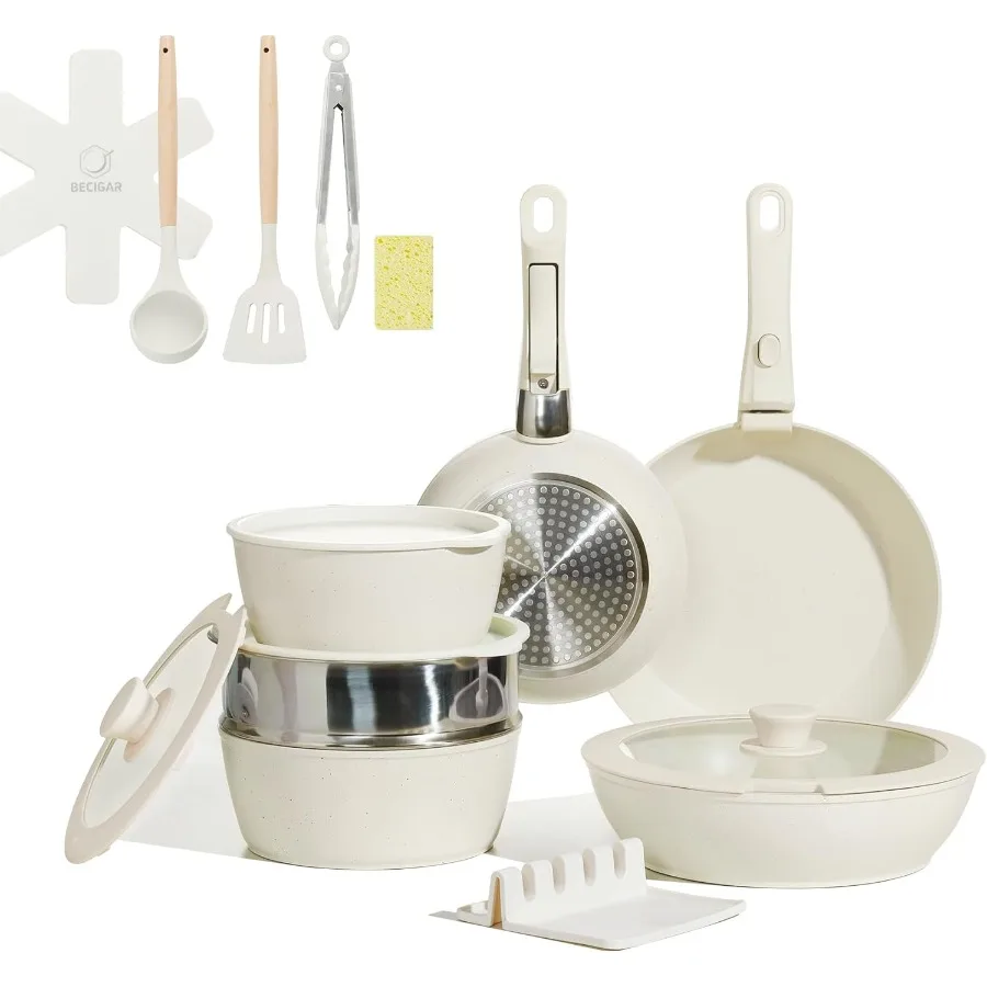 

21 шт., набор керамических кастрюль и сковородок с антипригарным покрытием со съемными ручками для кухонной духовки на колесах, безопасная посуда со съемными ручками, стек