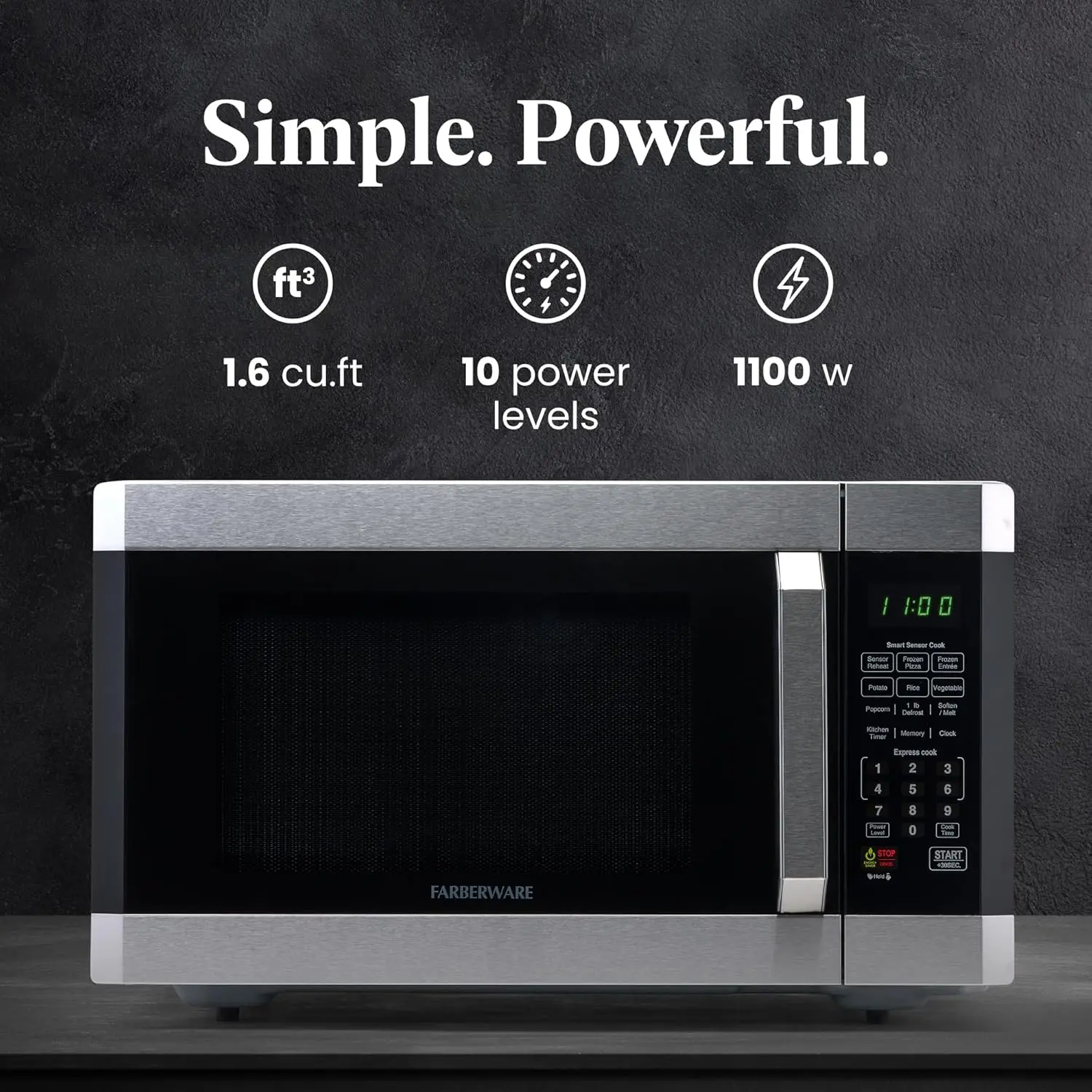 Countertop Microwave 1100 Watts, 1.6 cu ft - Smart Sensor Microwave Oven With LED Lighting and Child Lock - Perfect for Apartmen