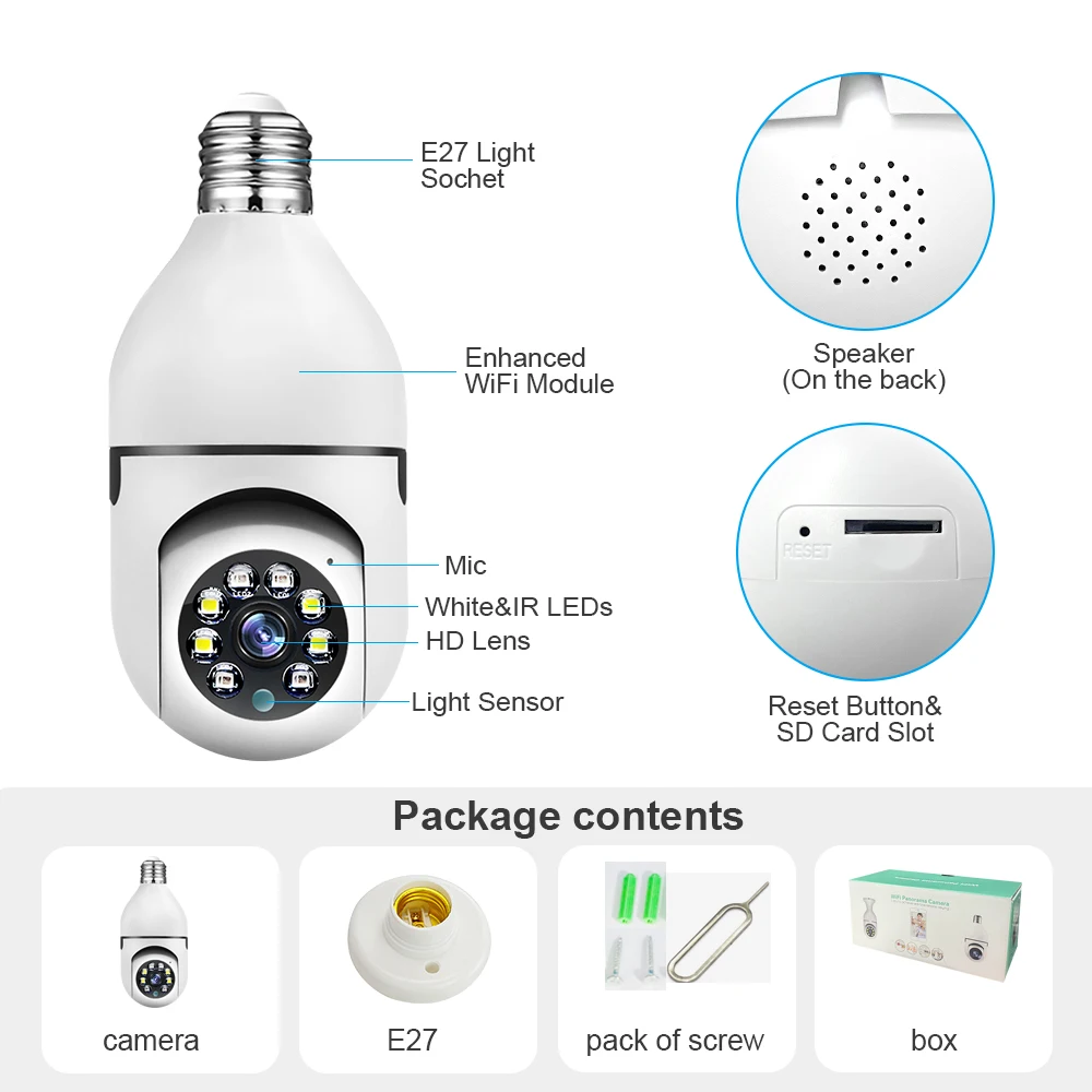 5MP E27 Bulb Camera WiFi Indoor Video Surveillance Home Security Baby Monitor Full Color Night Vision AI Auto Human Tracking