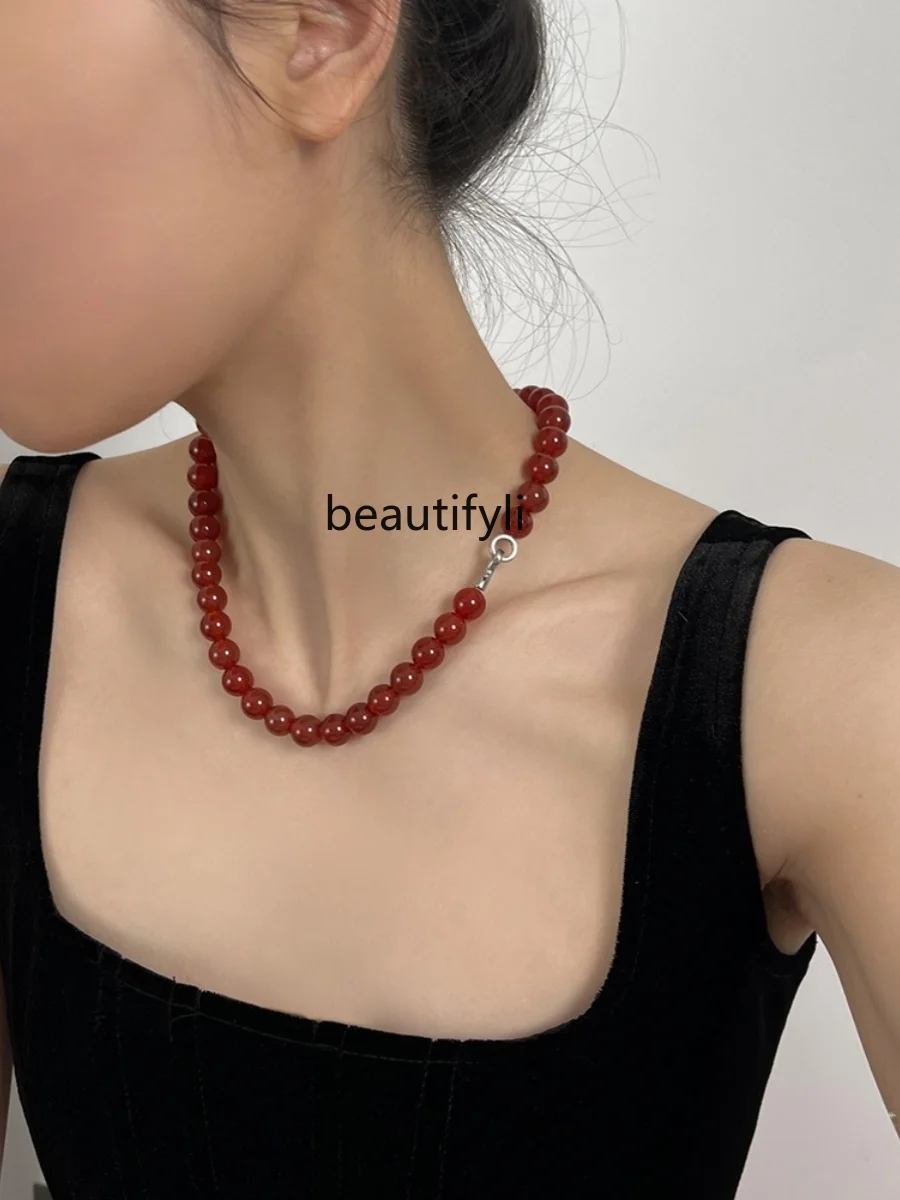 burgundy agate beaded necklace light luxury versatile collarbone chain high-end atmosphere neck chain