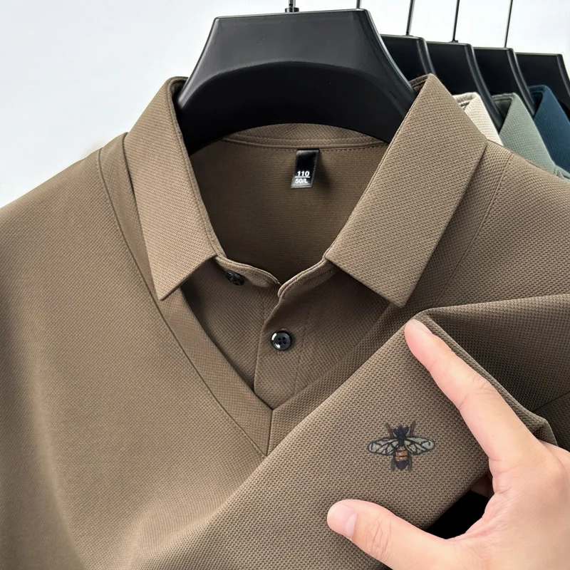 

Hot Selling Design Quality Men's Long Sleeve T-Shirt Solid Color Lapel Bee Print Fake Two Pieces Autumn Business Trend Menswear