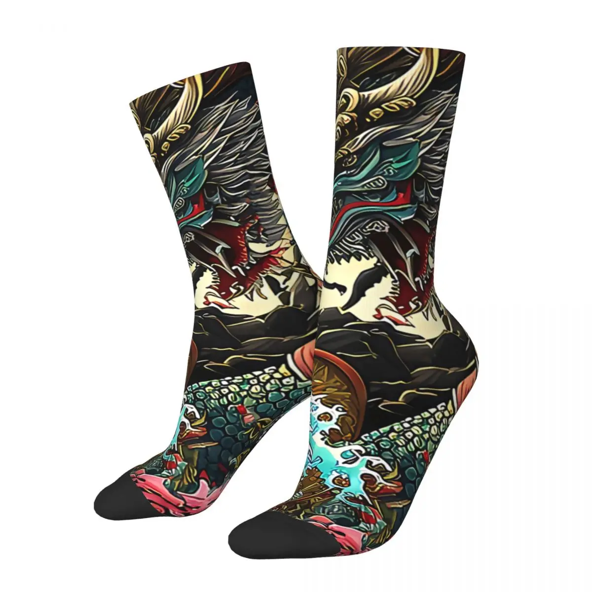 Funny Crazy Sock for Men Great Night Japanese Dragon Vintage Japanese Wave Quality Pattern Printed Crew Sock Novelty Gift